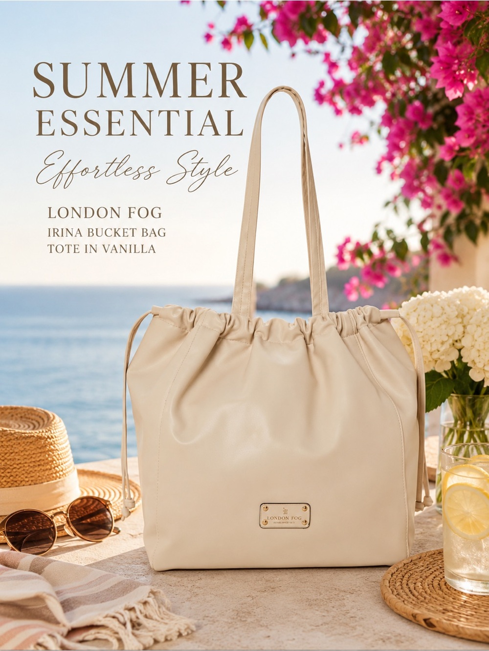LONDON FOG Adjustable Irina Bucket Bagâ or TOTE in Vanilla. New. MSRP $108. - Picture 1 of 16
